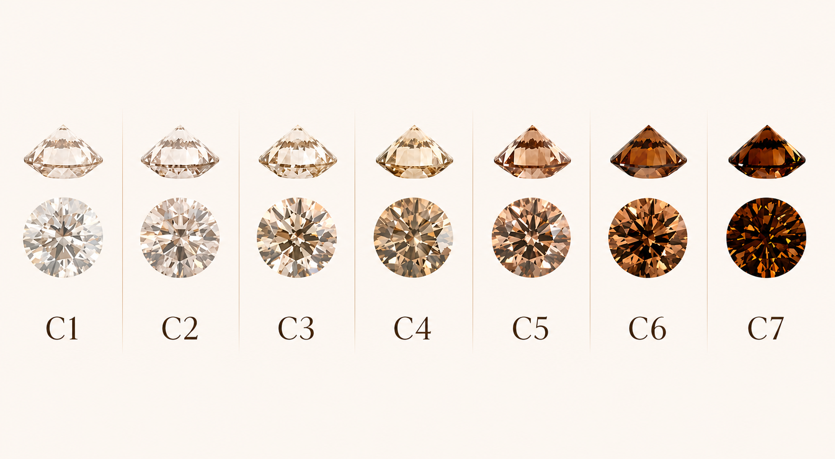 C1 to C7 champagne diamond color scale — actual diamonds from pale straw (C1) through classic champagne (C3–C4) to deep cognac (C7)
